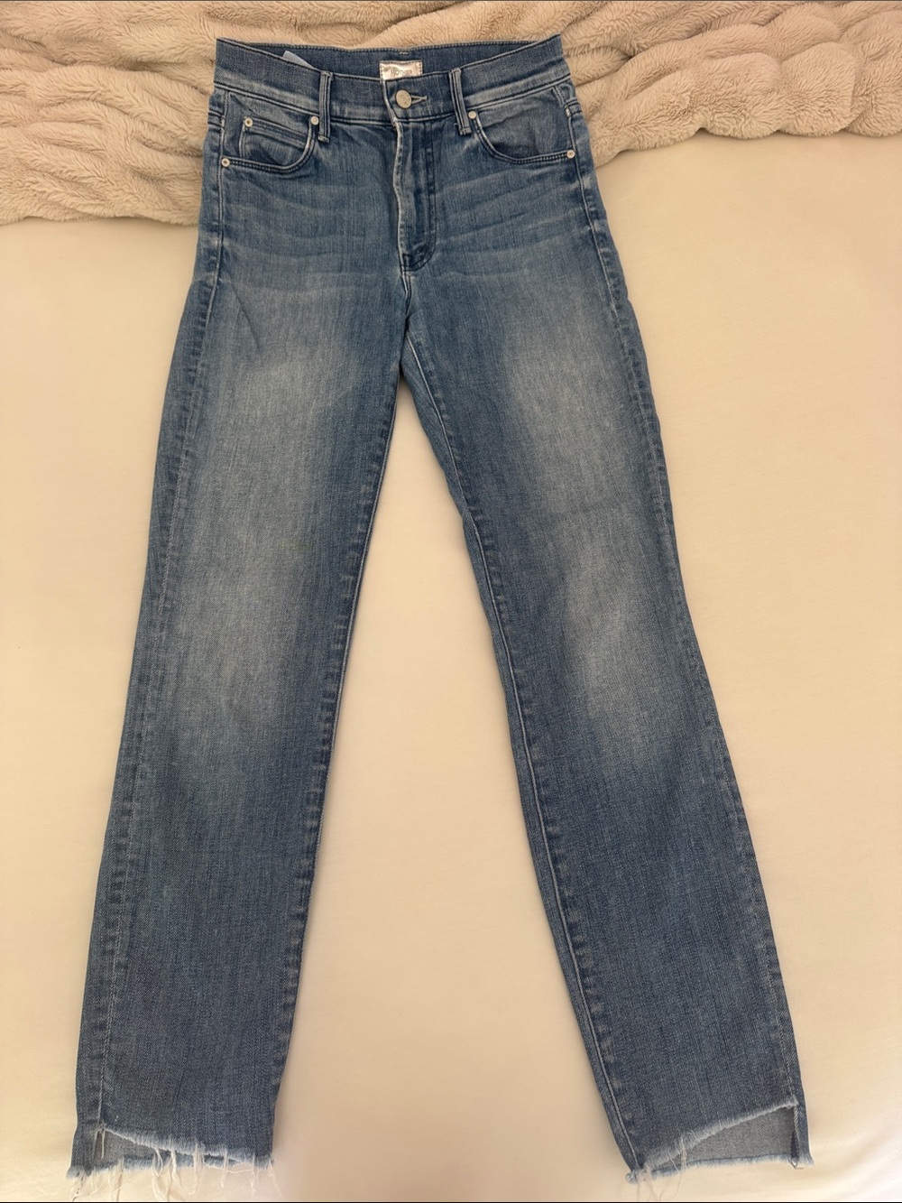 MOTHER Medium Blue Straight Leg Jeans with Raw Hem